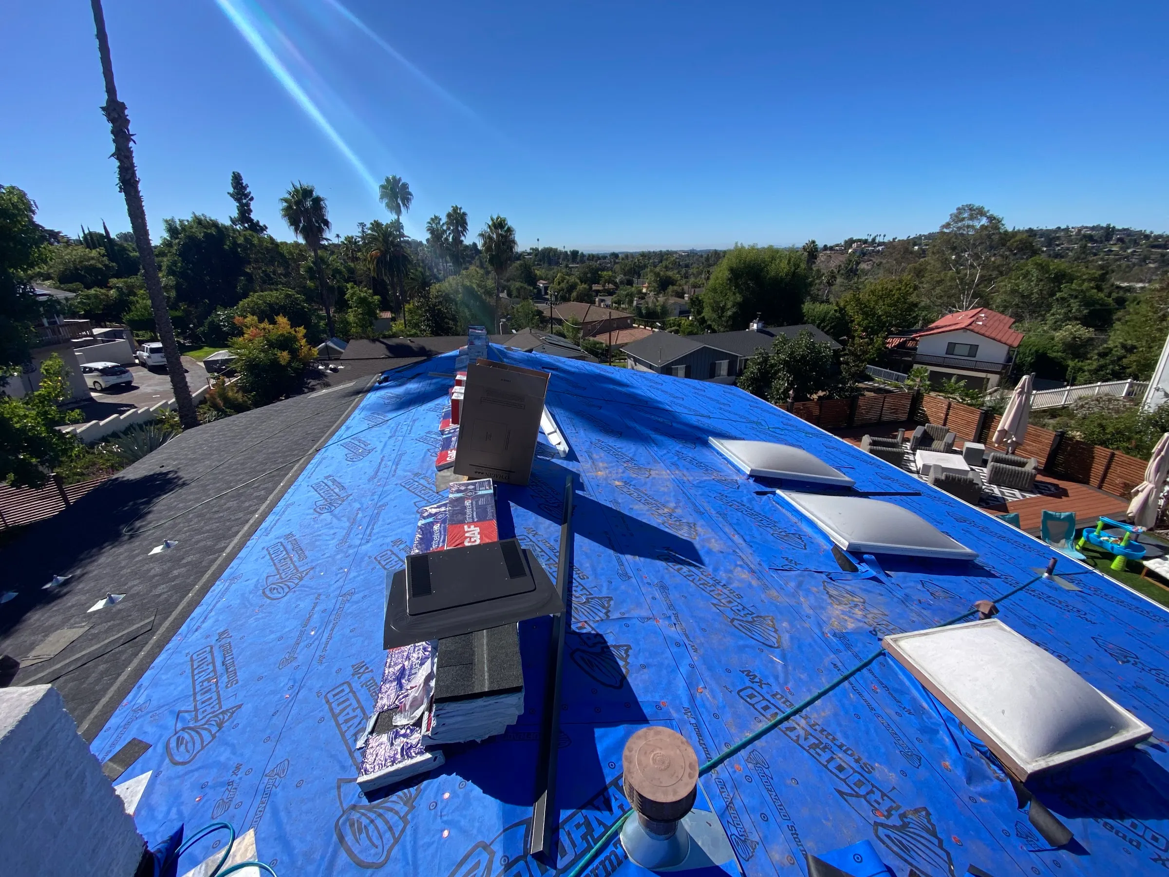 New underlayment and skylights on a Chavez Roofing job with a San Diego view